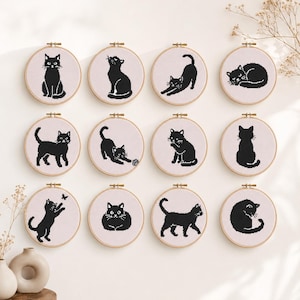 Paquete de patrones de punto de cruz de gato negro / 16 diseños de bordado de gatitos monocromáticos (descarga en PDF)