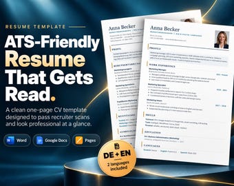 May include: A digital resume template featuring two white pages with black text, including the name Anna Becker, work experience, skills, and education sections. A gold circular badge displays the text DE + EN 2 languages included.