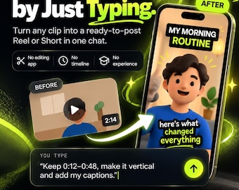 May include: A digital interface for video editing software featuring the text Edit Videos by Just Typing. A smartphone displays a 3D character in a video titled My Morning Routine. A chat box shows the text Keep 0:12-0:48, make it vertical and add my captions.