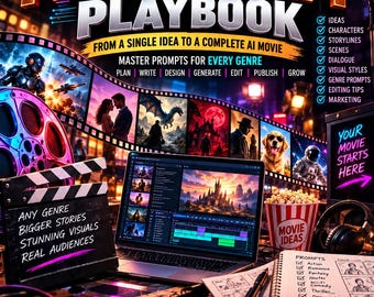 May include: A digital ebook titled The AI Movie Prompt Playbook featuring a laptop displaying video editing software, a film clapperboard, a popcorn bucket, and a notebook with a list of movie genres. The cover includes neon icons and text.