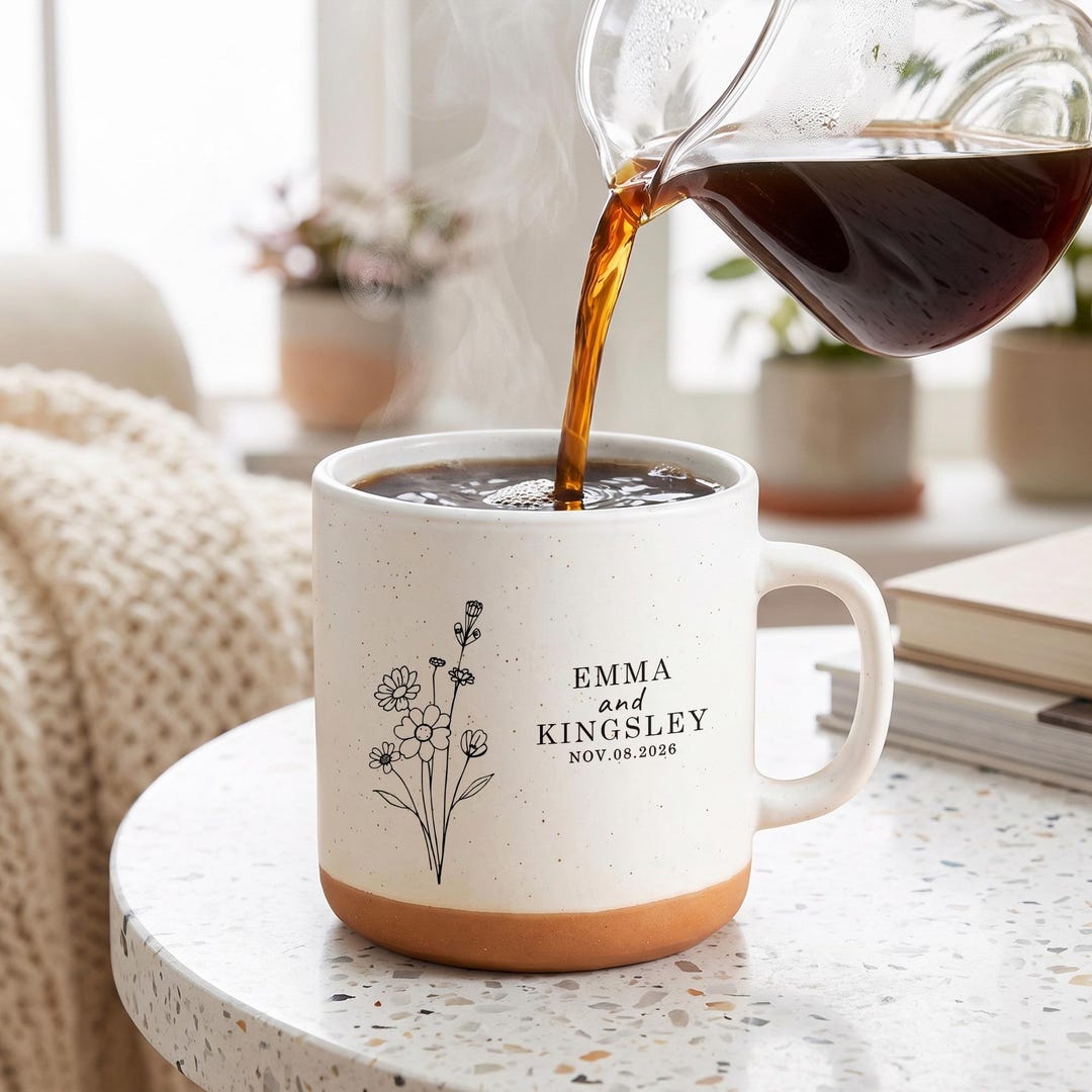 Personalized Ceramic Mug With Names, Custom Floral Line Art Coffee Mug ...