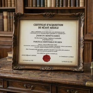 Op de afbeelding: Een ingelijst certificaat met sierlijke details, met Franse tekst, ligt op een houten bureau. Een pen en inktpot staan ​​in de buurt, met een achtergrond van een bibliotheek vol boeken. Het certificaat heeft een rode waszegel.