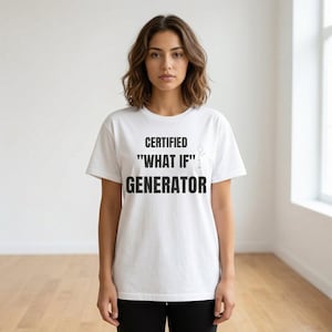 Pode incluir: T-shirt branca com o texto preto "CERTIFIED 'WHAT IF' GENERATOR" e um pequeno desenho de um boneco de palitos. A t-shirt tem um decote redondo.