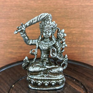 Vintage White Copper Manjushri Statue Mini Buddha Figurine Wisdom Sword Ornament