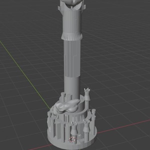 Puede incluir: Una torre de fantasía gris impresa en 3D con una parte superior en forma de ojo. La torre tiene un cuerpo cilíndrico con una base decorativa con figuras estilizadas. El diseño incluye líneas verticales y un elemento texturizado en forma de nube.