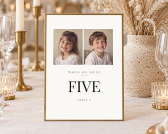 Tischkarten-Vorlage „Als wir noch waren“, Fototischkarten für Hochzeiten, Kinderfotokarten 1-20, bearbeitbare Canva-Vorlage, 5x7 Zoll, minimalistisch