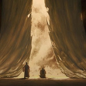 Puede incluir: Una representación artística muestra dos figuras con túnicas frente a una gran cortina rasgada. La cortina es de color marrón claro y el fondo es una luz brillante y brillante. Las figuras son pequeñas en comparación con la cortina.