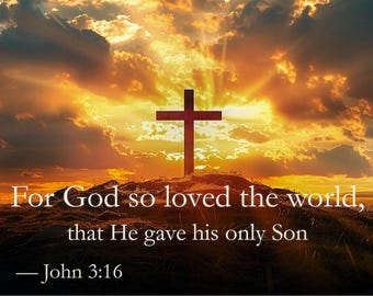John 3:16 Printable, Christian Cross Sunset Wall Art, Bible Verse Art, For God So Loved the World, Christian Decor