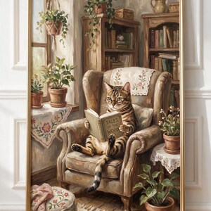 May include: A framed oil painting depicting a tabby cat wearing round glasses, sitting in a brown armchair and reading a book titled Tales of the Wood. The scene includes potted plants, bookshelves, and floral textiles in a cozy, sunlit room.