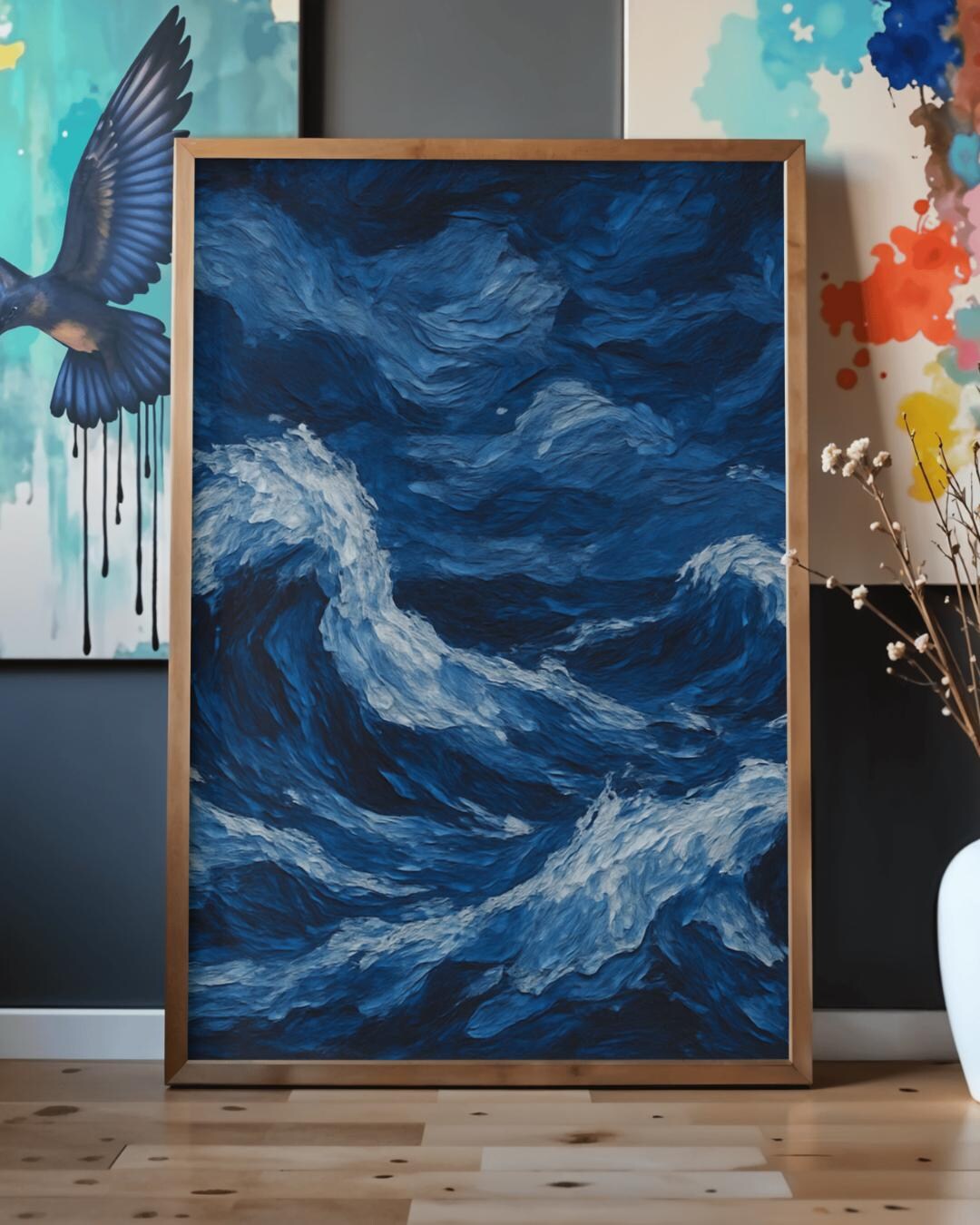 Ocean Wave Wall Art Print | Blue Sea Oil Painting Style Poster | Moody ...
