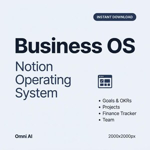 May include: A digital graphic in shades of blue, advertising a "Business OS Notion Operating System". It features a small icon and lists features such as Goals & OKRs, Projects, and Finance Tracker. The words "Instant Download" are at the top.