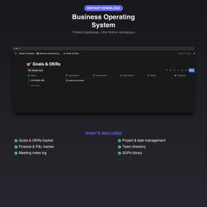 May include: A digital Business Operating System template for Notion featuring a dark interface with a Goals & OKRs database view. The layout includes seven linked databases for tracking goals, finance, meetings, projects, tasks, team members, and SOPs.