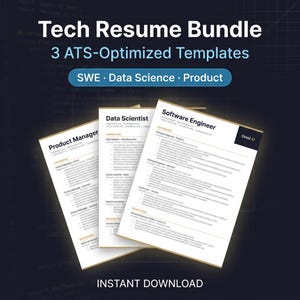 May include: A bundle of three resume templates for tech professionals. The templates are labeled "Product Manager", "Data Scientist", and "Software Engineer". The text "Tech Resume Bundle" and "3 ATS-Optimized Templates" are displayed at the top. The words "SWE", "Data Science", and "Product" are also visible.