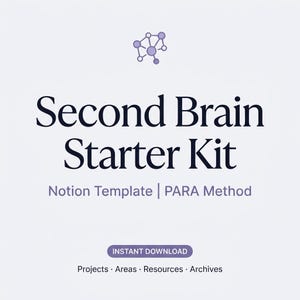 May include: A light purple and white graphic with the text "Second Brain Starter Kit". Below the title is "Notion Template | PARA Method". The image also includes the words "INSTANT DOWNLOAD" and "Projects · Areas · Resources · Archives".