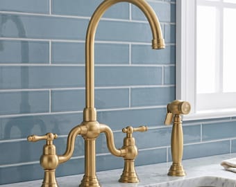 Unlacquered Brass Bridge Faucet, Dual Cross Handles, Deck Mounted Kitchen Sink Tap, Classic Design
