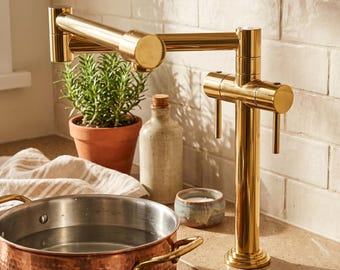 Unlacquered Brass Pot Filler Faucet, Deck Mounted Folding Arm Tap, Dual Handle Kitchen Faucet