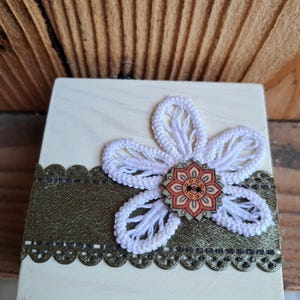 Yellow and white jewelry box/vintage macrame & satin ribbon/boho handmade unique item/birthday gift/wooden box