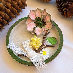 Mini decorative cork plate/dried branch & pink pine cone/ boho miniature gift/handmade unique item/table decoration