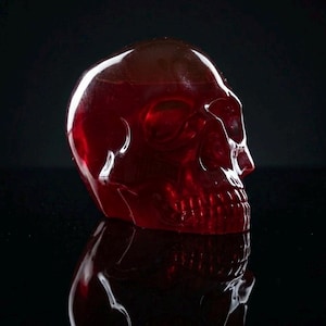 Puede incluir: Una escultura de cráneo de color rojo intenso y translúcido hecha de un material liso similar al vidrio. El objeto presenta detalles anatómicos realistas, incluyendo cuencas oculares definidas, cavidad nasal y dientes, reflejando la luz.