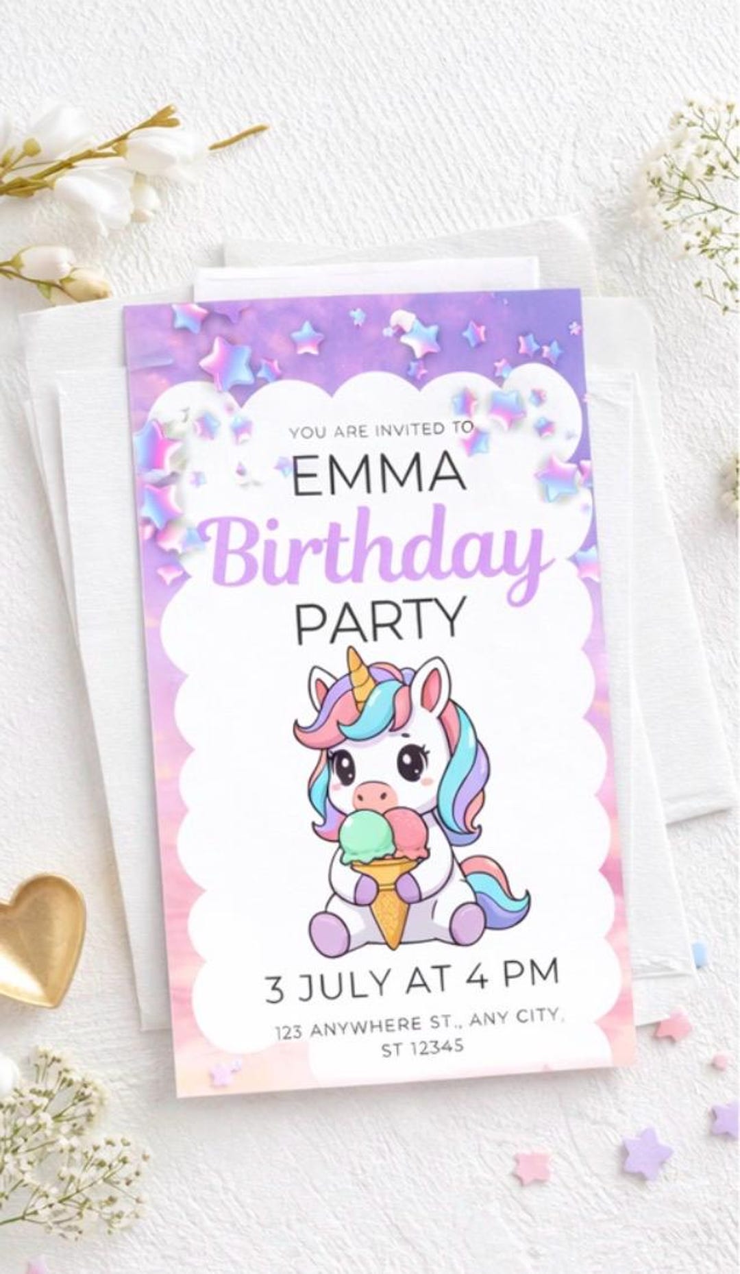 Printable Inv Unicorn Birthday Invitation Template Editable Canva, Girl Birthday ...