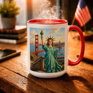 May include: A white ceramic coffee mug with a red interior and handle. The mug features a colorful image of the Statue of Liberty holding a torch, with the Golden Gate Bridge in the background. Steam rises from the hot beverage inside.