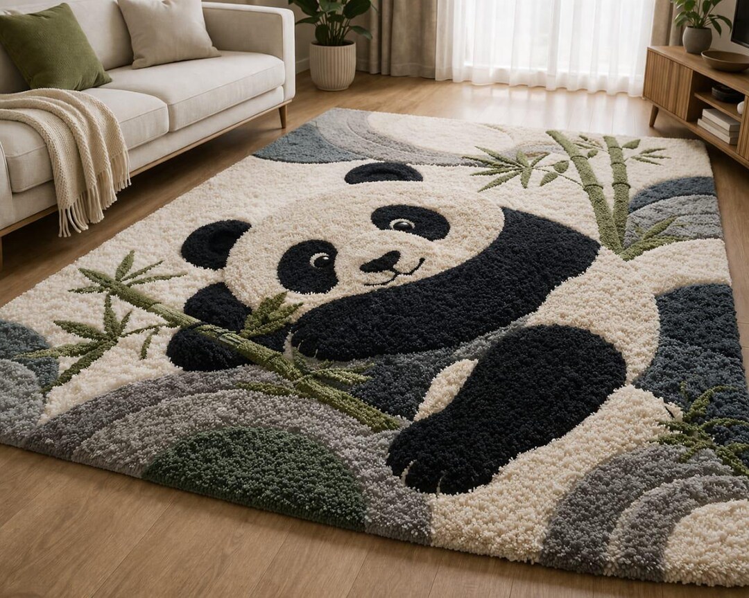 Panda Rug Tufting Playful Panda Shag Rug – Cartoon Bamboo Design, Tufted Pile Carpet - Etsy