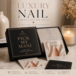 Pode incluir: Uma caixa preta rotulada PICK MY MANI LUXURY NAIL CONSULTATION DECK contendo cartões brancos com exemplos de estilos de unhas como ALMOND e MILKY PINK. Os cartões apresentam categorias de texto como SHAPE, LENGTH, COLOUR, FRENCH, ART, FINISH, TOP PICKS e LUXURY ADD-ONS.