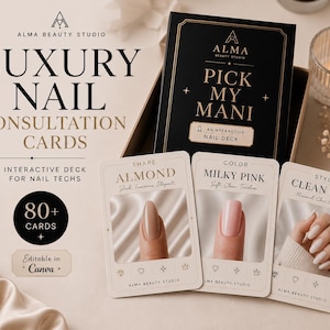 Pode incluir: Um conjunto de cartões de consulta de unhas de luxo com o texto "Luxury Nail Consultation Cards" e "Pick My Mani". Os cartões apresentam exemplos de formato, cor e estilo de unhas. O conjunto inclui mais de 80 cartões e é editável no Canva.