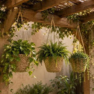 Puede incluir: Tres maceteros colgantes de algas marinas tejidas, suspendidos por cuerdas de yute de una pérgola de madera. Cada maceta contiene una planta verde diferente, incluyendo un poto de hojas variegadas, un helecho frondoso y una suculenta.