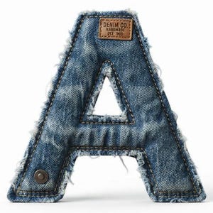 May include: A three-dimensional letter A crafted from blue denim fabric with frayed edges. The letter features a brown leather-like patch at the top with the text DENIM CO. HANDMADE EST. 1969 and a single metallic rivet on the bottom left corner.