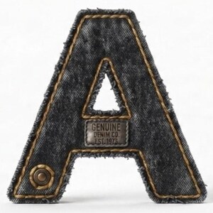 Op de afbeelding: Een letter A van donkergrijze denim met gerafelde randen en goudkleurige stiksels. De letter is voorzien van een klein rechthoekig label met de tekst GENUINE DENIM CO. EST. 1973 en een metalen klinknagel op de linkerpoot van de letter.