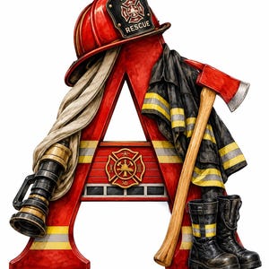 May include: A large red letter A decorated with firefighting equipment including a red helmet with a FIRE RESCUE emblem, a brass nozzle with a white hose, a black turnout coat with yellow reflective stripes, a wooden axe, and black boots.