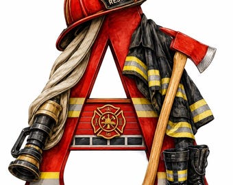 Puede incluir: Una letra A grande de color rojo decorada con equipo de bomberos, incluyendo un casco rojo con el emblema FIRE RESCUE, una boquilla de latón con una manguera blanca, una chaqueta negra con franjas reflectantes amarillas, un hacha y botas.