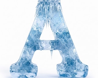 Puede incluir: Una letra A mayúscula representada en un material azul hielo translúcido con una textura congelada y agrietada. La parte superior de la letra presenta varios carámbanos afilados y colgantes, con una superficie de aspecto cristalino y frío.