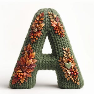 May include: A large, three-dimensional letter A crafted from chunky, olive green knit yarn. The surface is decorated with clusters of artificial autumn leaves, small orange and red berries, miniature pumpkins, and two smooth hearts.