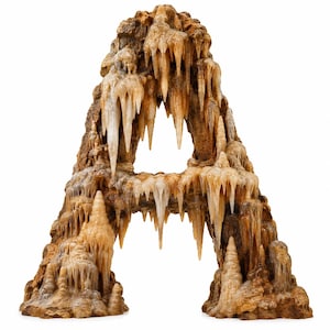 Puede incluir: Una escultura decorativa con forma de letra A que presenta una superficie marrón texturizada similar a la roca, cubierta por numerosas formaciones translúcidas de estalactitas y estalagmitas en tonos blanco pálido y beige.
