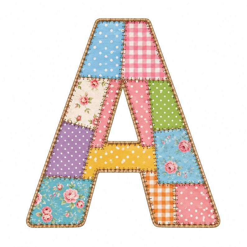 Puede incluir: Una decoraci&oacute;n de pared con forma de letra may&uacute;scula A con un dise&ntilde;o de patchwork. La superficie est&aacute; compuesta por varios patrones de tela, incluyendo azul con lunares blancos, cuadros vichy rosas, estampados florales, verde con puntos blancos y cuadros vichy naranjas.