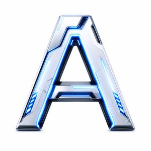 Puede incluir: Una letra A mayúscula renderizada en un acabado plateado metálico con paneles intrincados y ranuras empotradas. El diseño presenta acentos de luz azul brillante integrados en la estructura, creando una apariencia de alta tecnología con ángulos agudos.