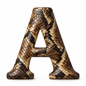 May include: A three-dimensional letter A featuring a realistic snakeskin pattern with overlapping scales in shades of brown, tan, and black. The letter has a smooth, rounded structure and a distinct texture that mimics the appearance of reptile skin.