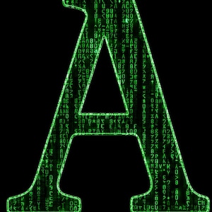 May include: A capital letter A shaped graphic filled with a digital pattern of glowing green characters, symbols, and numbers against a solid black background. The letter features a bright green outline and a matrix-style data stream texture.