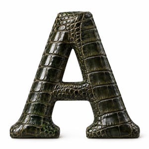 May include: A three-dimensional capital letter A featuring a dark olive green surface with a textured, embossed pattern that mimics the appearance of reptile skin. The letter has a smooth, rounded edge profile and a glossy finish throughout.