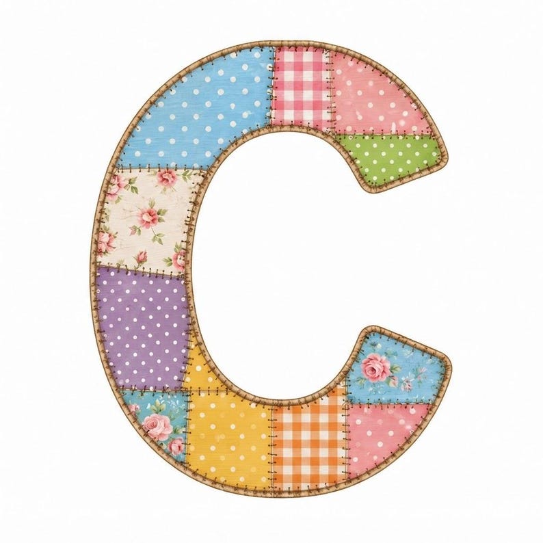 Puede incluir: Una letra C decorativa con un dise&ntilde;o de patchwork compuesto por varios patrones de tela, incluyendo lunares azules, amarillos y morados, cuadros vichy rosas y naranjas, y estampados florales, todo delineado con un borde cosido marr&oacute;n oscuro.