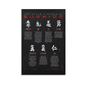 Peut inclure: Une affiche noire avec du texte blanc détaillant les sept vertus du Bushido. Le titre est en rouge, avec des caractères japonais et des traductions anglaises en dessous. Les vertus incluent Meiyo, Rei, Gi, Yuuki, Makoto, Chuugi et Jin.