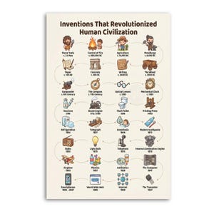 May include: A poster titled "Inventions That Revolutionized Human Civilization" presents a timeline of inventions. The illustrations include stone tools, the wheel, the printing press, the light bulb, and the internet. The poster is on a white background.