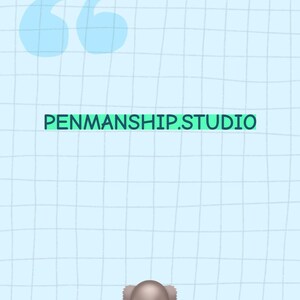 May include: A light blue grid pattern background featuring large light blue quotation marks in the top left corner, the text PENMANSHIP.STUDIO in a green rectangular box in the centre, and a small brown koala head icon at the bottom centre.