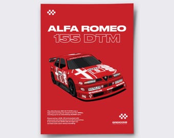 Plakat z samochodem wyścigowym Alfa Romeo 155 DTM, sztuka ścienna z motywem sportów motorowych z lat 90. (wydruk A3)