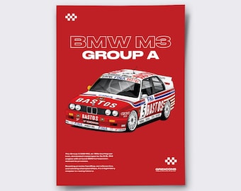 BMW E30 M3 poster, BMW Motorsport DTM groep A print, E30 M3 muurkunst, jaren 80 toerwagen poster, klassieke raceauto decor, cadeau autoliefhebber