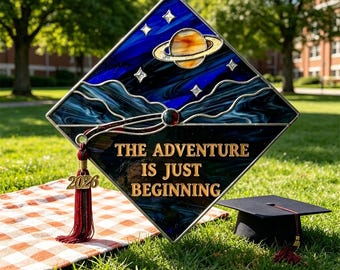 Handmade Stained Glass Graduation Cap Ornament - "The Adventure Is Just Beginning" 2026 Keepsake, Customizable Gift