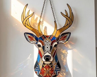 Gebrandschilderd glas hertenkop suncatcher, boho cabine raamdecoratie, natuurliefhebber cadeau