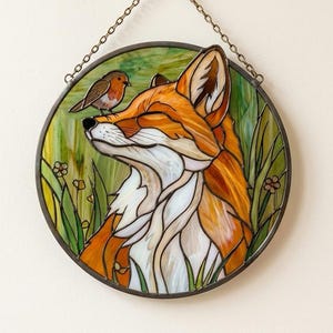 Handgemachter Glasmalerei-Fuchs und Vogel-Suncatcher, Waldtier-Fensterbehang